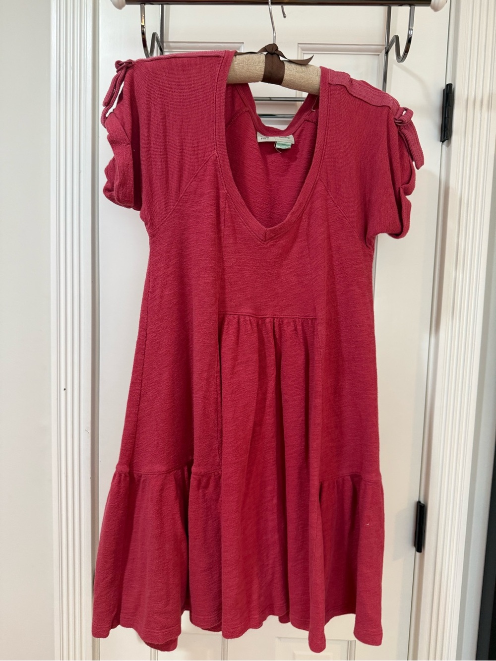 V-Neck Tiered Mini Dress with Tie-Shoulder Detail - Raspberry